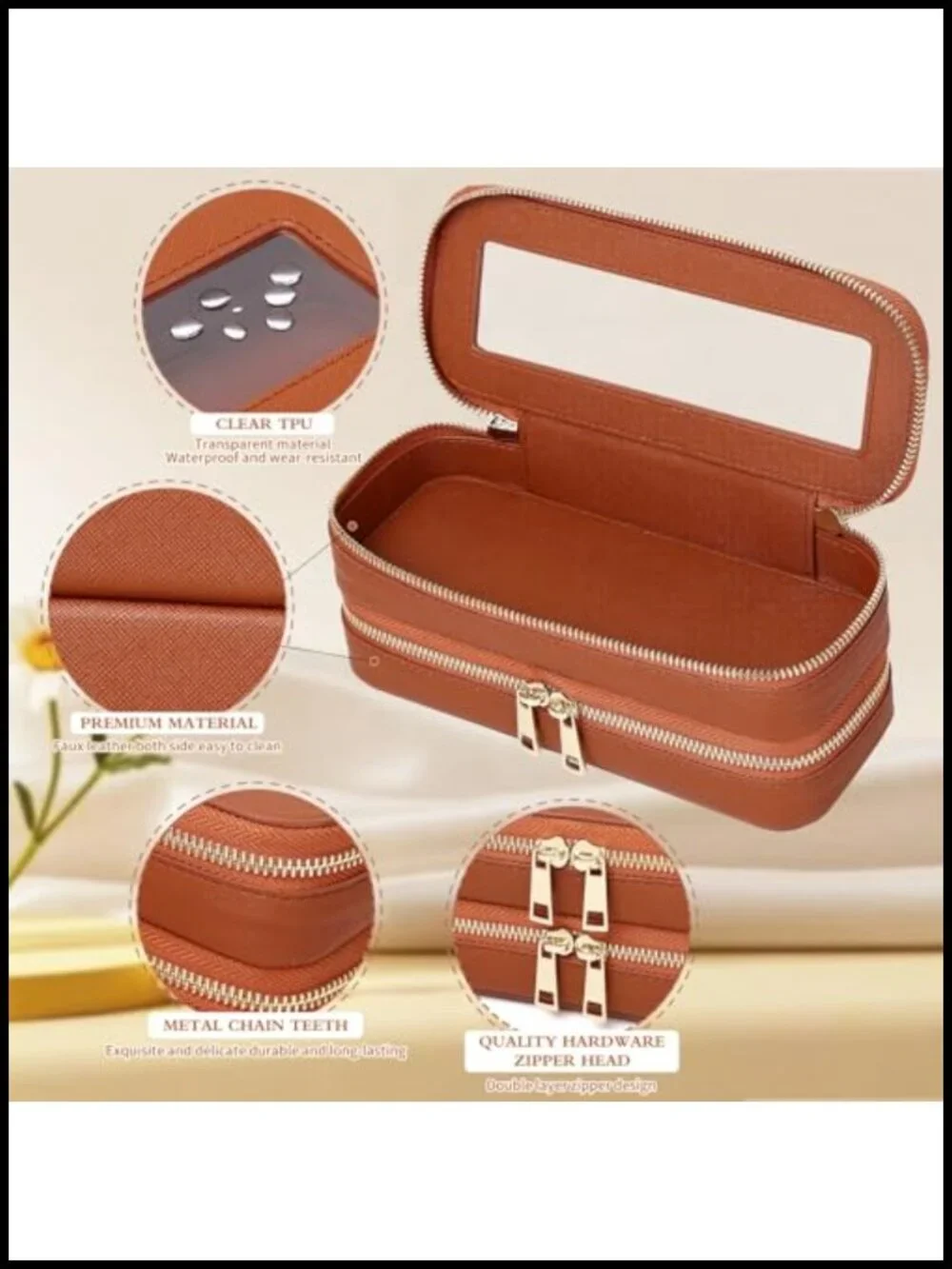 Double Layer Makeup Bag Saffiano Faux Leather Travel Cosmetic Brush Organizer